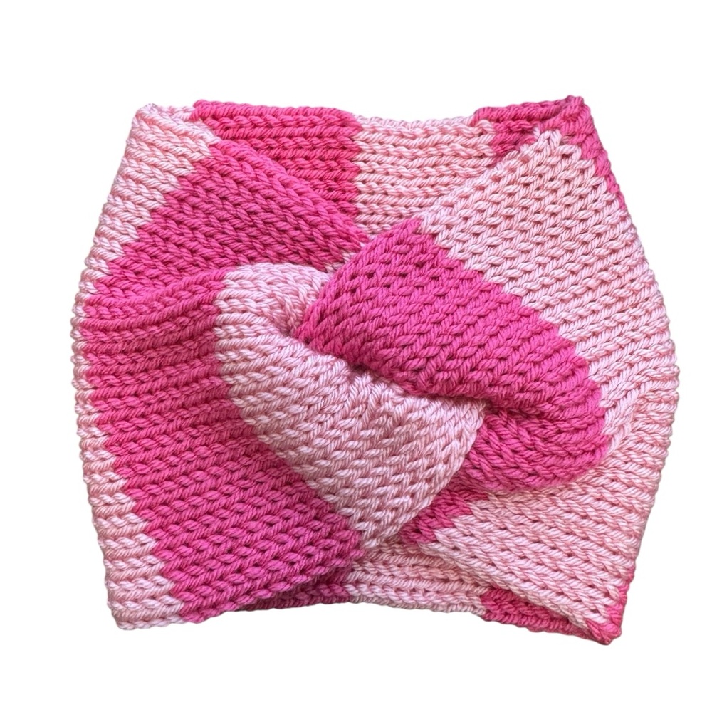 Handmade Two-Tone Pink Striped Ear Warmer | Wide Knit Twist Headband